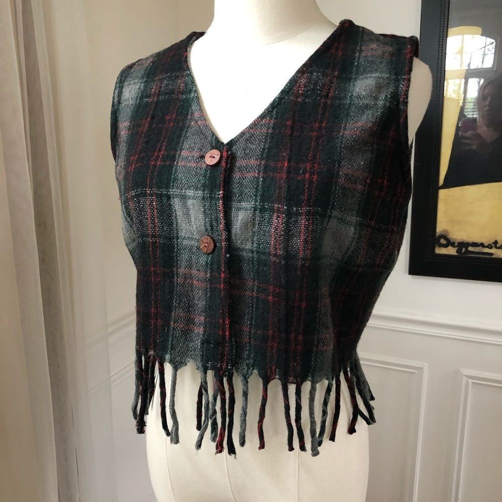 Vintage No Barriers Plaid Wool Fringe Crop Vest L - Picture 2 of 6
